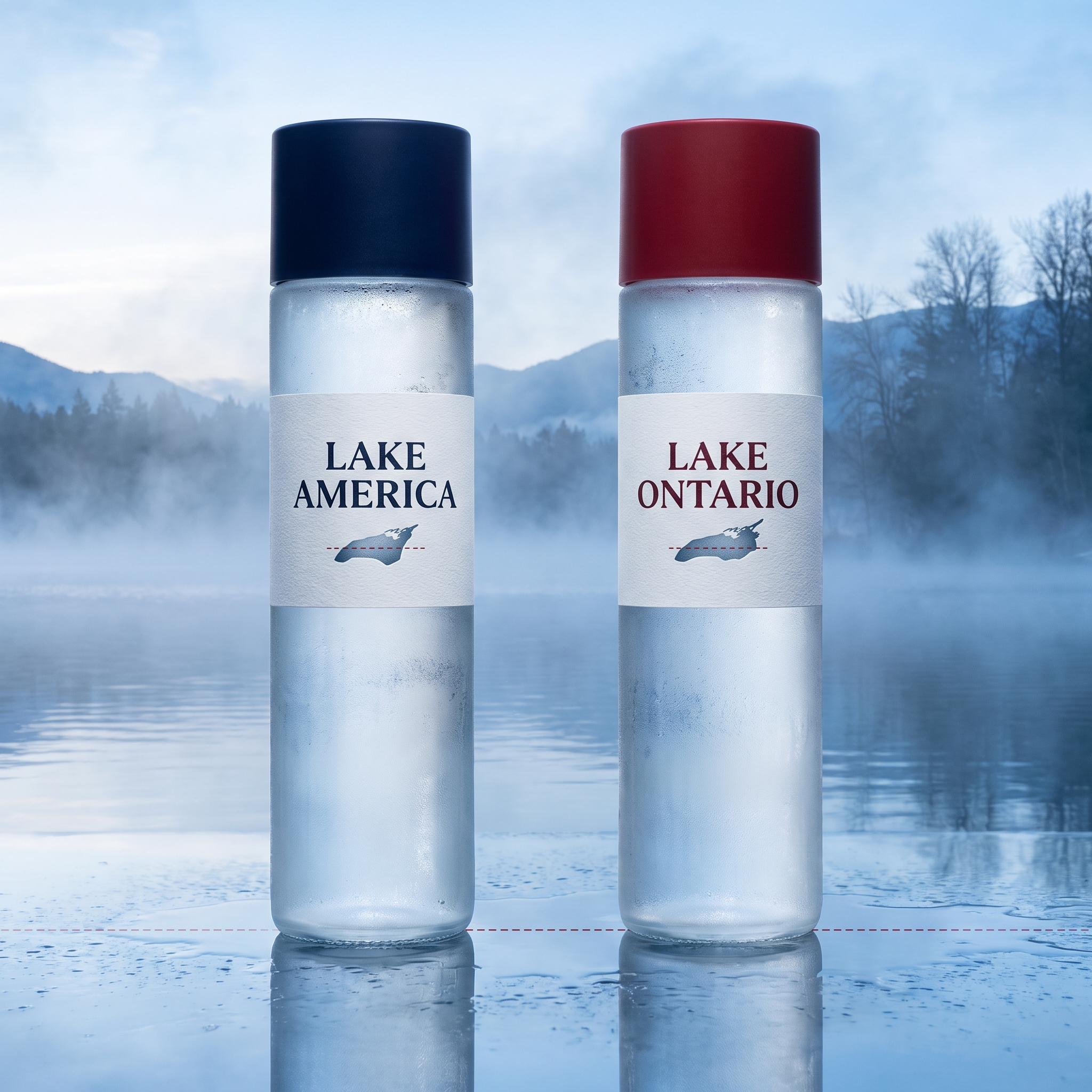 Two Lake America bottles on the lakeshore at dusk